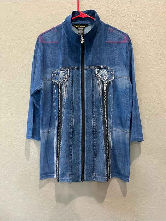 Valentina Tops - Valentina Tunic Top Faux Denim Full Zipper Semi Sheer Sz XL EUC